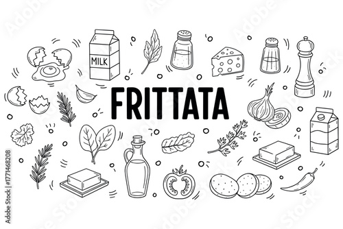 Frittata ingredients: milk, eggs, cheese, onion, tomato, herbs, spices in black and white art