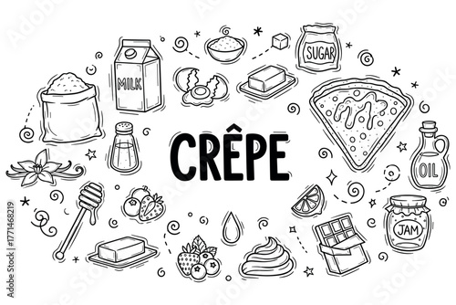 Crepe ingredients and toppings in hand-drawn style with milk, sugar, butter, and fruits