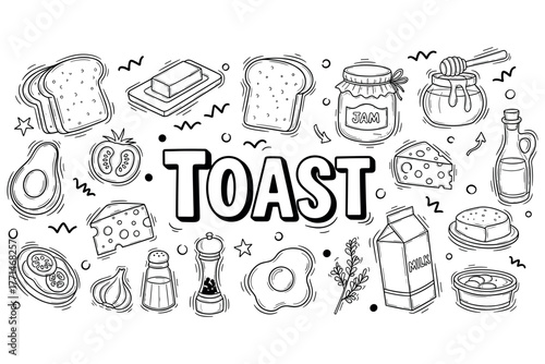 Hand-drawn toast and breakfast ingredients with cheese, avocado, jam, and honey