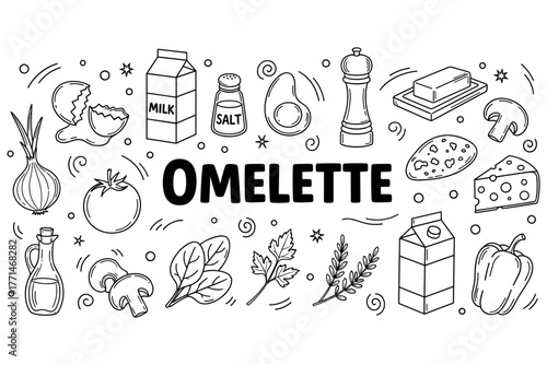 Omelette ingredients vector: milk, eggs, cheese, vegetables, spices, herbs illustration