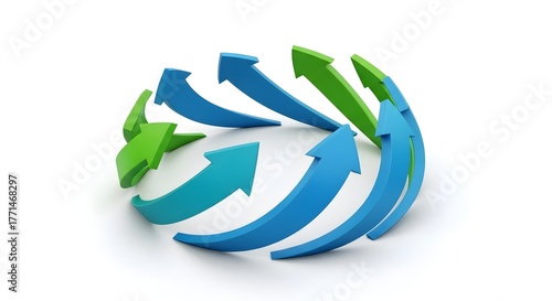 3D green arrows around abstract sphere circular cycle symbol icon