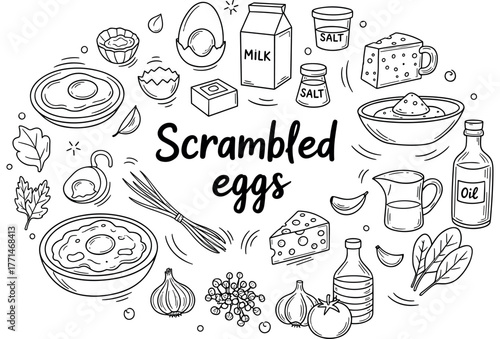 Ingredients and utensils for preparing delicious scrambled eggs