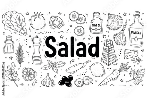 Black and white salad ingredients with vegetables, herbs, and condiments