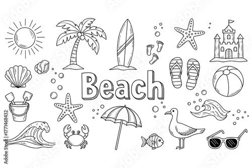 Beach doodle art: surfboards, palm tree, waves, and sea creatures