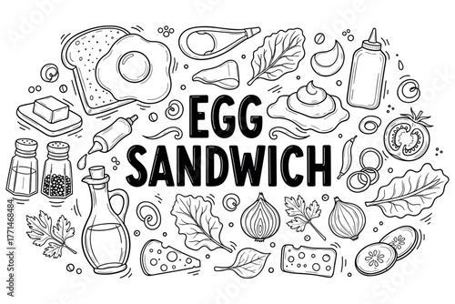 Egg sandwich ingredients illustration with bread, eggs, and vegetables