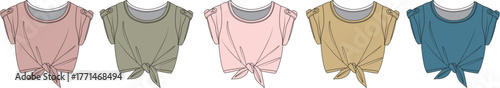 A collection of women's tie-front crop top t-shirts with ruched cap sleeves. Fashion flat sketch set for apparel design