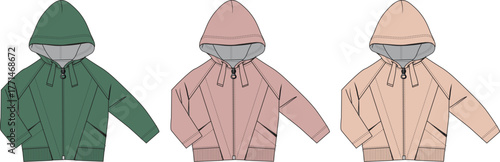 Collection of trendy hooded jackets in green, pink, and beige for everyday wear, versatile outerwear
