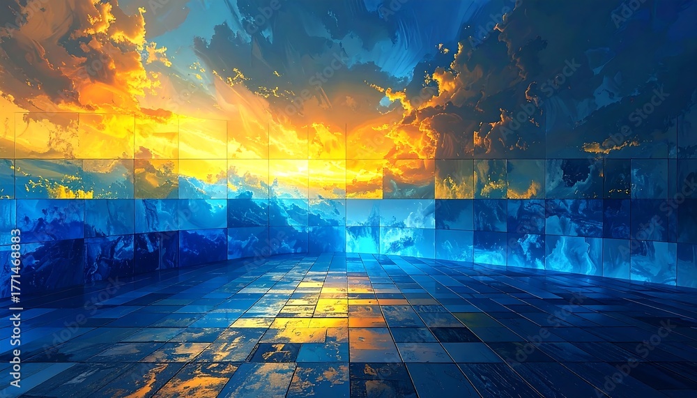 Fototapeta premium Abstract scene sky with warm light, clouds reflected in glossy surface, and tiling of blue and orange tones