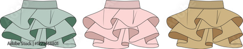 Set of tiered ruffle mini skirts in multiple colorways. Fashion flat technical sketch, a vector apparel template for clothing design