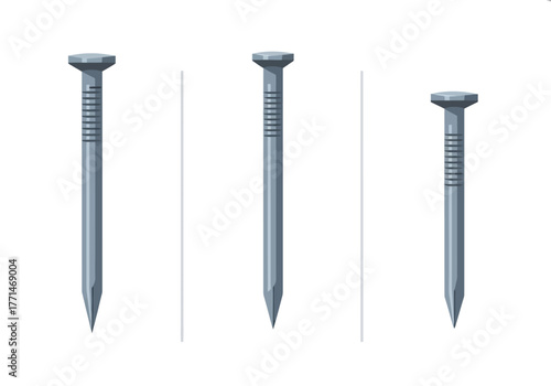 Three Steel Nails with Flat Heads and Grooved Shanks.