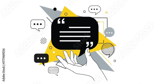 Hand holding speech bubble surrounded by geometric shapes illustration