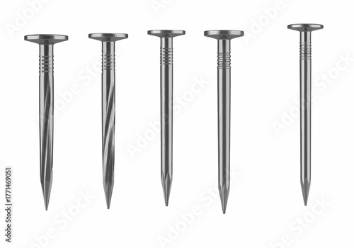 Five Shiny Metal Nails with Flat Heads and Sharp Points.