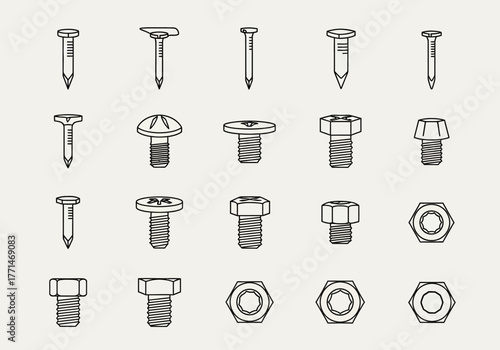 Assorted Line Art of Fasteners: Nails Screws and Bolts.