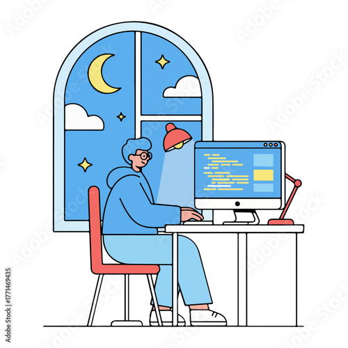 Focused coder working late at night on computer software development project