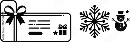 Gift card with ribbon and bow next to snowflake and snowman icons