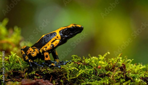 Black and yellow frog atop a mossy branch, with blurred green foliage in background