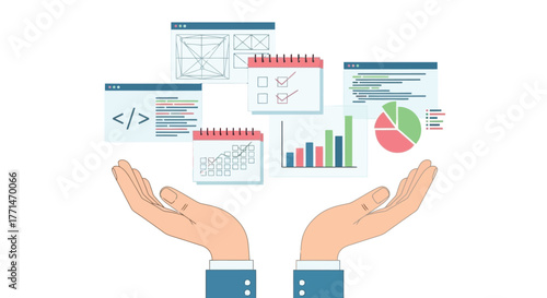 Project Management Tools Icons on Hands Software, Schedules & Analytics