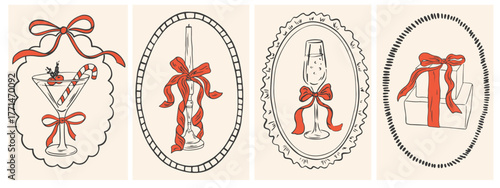 Hand drawn Christmas vintage chalk posters. Coquette holiday aesthetic frames. Vector retro new year print in doodle line art, minimalist print with martini, champagne, candle, gifts, bows, ribbons