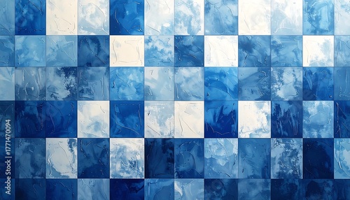 Blue and white abstract square tile pattern with liquid-like texture