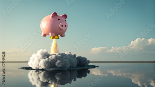 Accelerate your savings with this fun piggy bank rocket launching into the sky, symbolizing rapid financial growth and investment success!