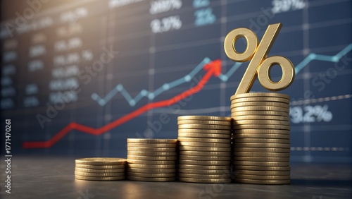 Rising interest rates creating financial growth and investment opportunities as economy recovers with upward trending market charts and stacked golden coins