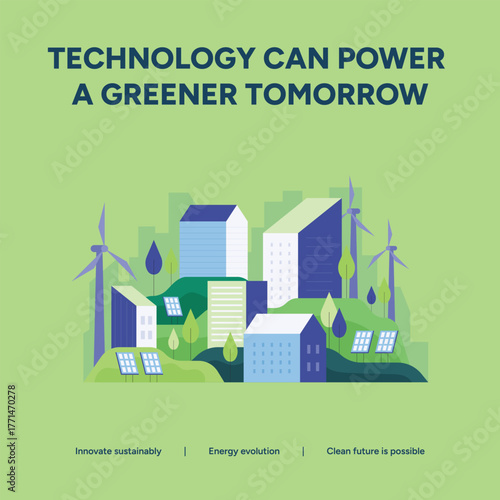 Technology can power a greener tomorrow with sustainable city, wind turbine, and solar panel for energy revolution concept