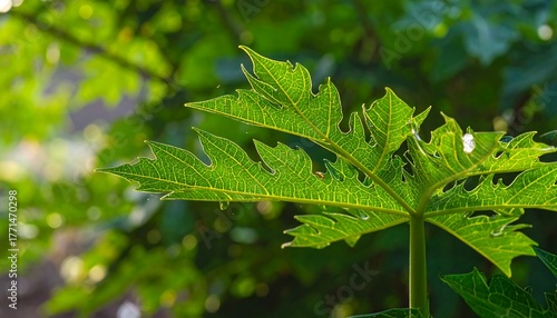 Bright green, palm-like leaf showing veins in sunlight against blurry greenery background with bokeh in the background