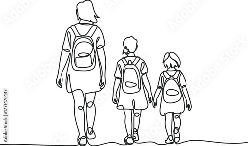 Back to School Mother and Daughters in Continuous Line Drawing