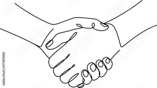 Partnership and agreement shown through a minimalist continuous line drawing of two hands shaking, symbolizing trust and collaboration