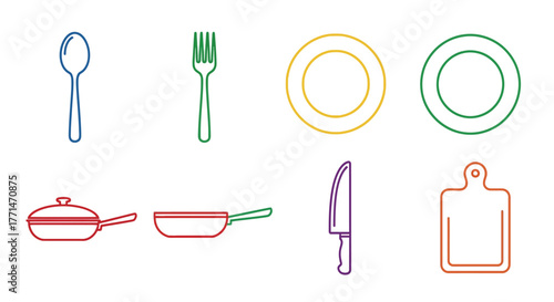 Colorful flatware and cookware icons arranged in a simple graphic style