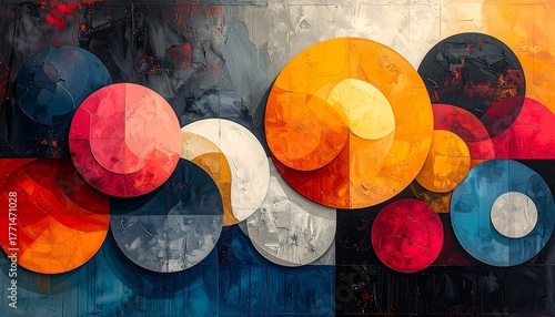 Bold, textured painting with overlapping geometric circles in vibrant, contrasting colors, set against a dark, moody background