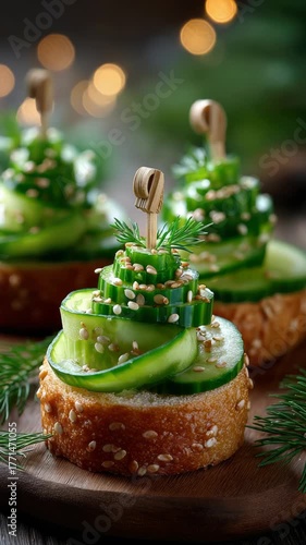 Festive Christmas tree shaped cucumber canapes on crispy bread, topped with sesame and fresh dill, served on a rustic wooden board with twinkling bokeh lights