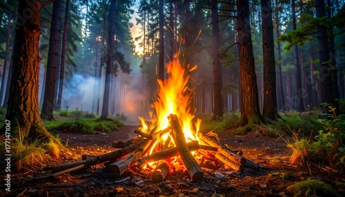 Bonfire brightly burns at forest's edge; tall trees surround & smoke drifts. Evening lighting, focus on the fire
