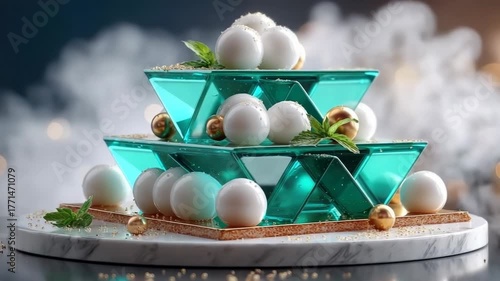 Contemporary abstract Christmas tree of emerald glass on a rotating marble base, decorated with ivory spheres, metallic accents and pale green foliage against smoky bokeh lights