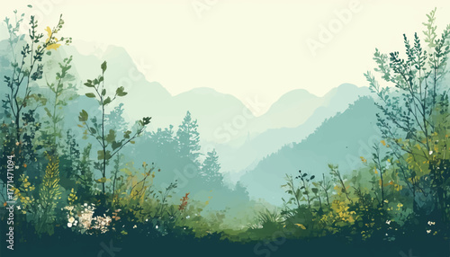 Misty Mountain Landscape with Wild Plants Vector