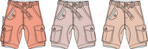 Vector illustration set of men's casual cargo shorts with multiple pockets and a belt for fashion design and apparel mockups