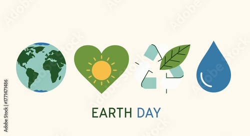 Earth Day Celebrate Sustainability, Recycle, Love Nature with Globe, Heart, Leaf, and Water Drop Icons