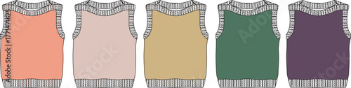 Five sleeveless sweaters in different colors displayed in a row