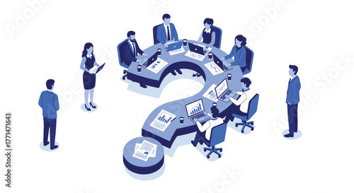 Innovative business team collaborating at question mark table for creative problem solving and strategic planning in a modern workplace setting