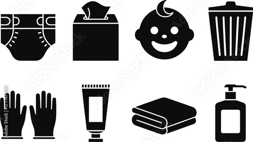 Baby care essentials vector icons set diaper wipes and more items editable vector