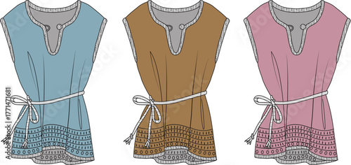 Vibrant trio of illustrated women's sleeveless tunics, each with a decorative tied waist and unique patterned hem, presented in a stylish array of colors for versatile fashion concepts