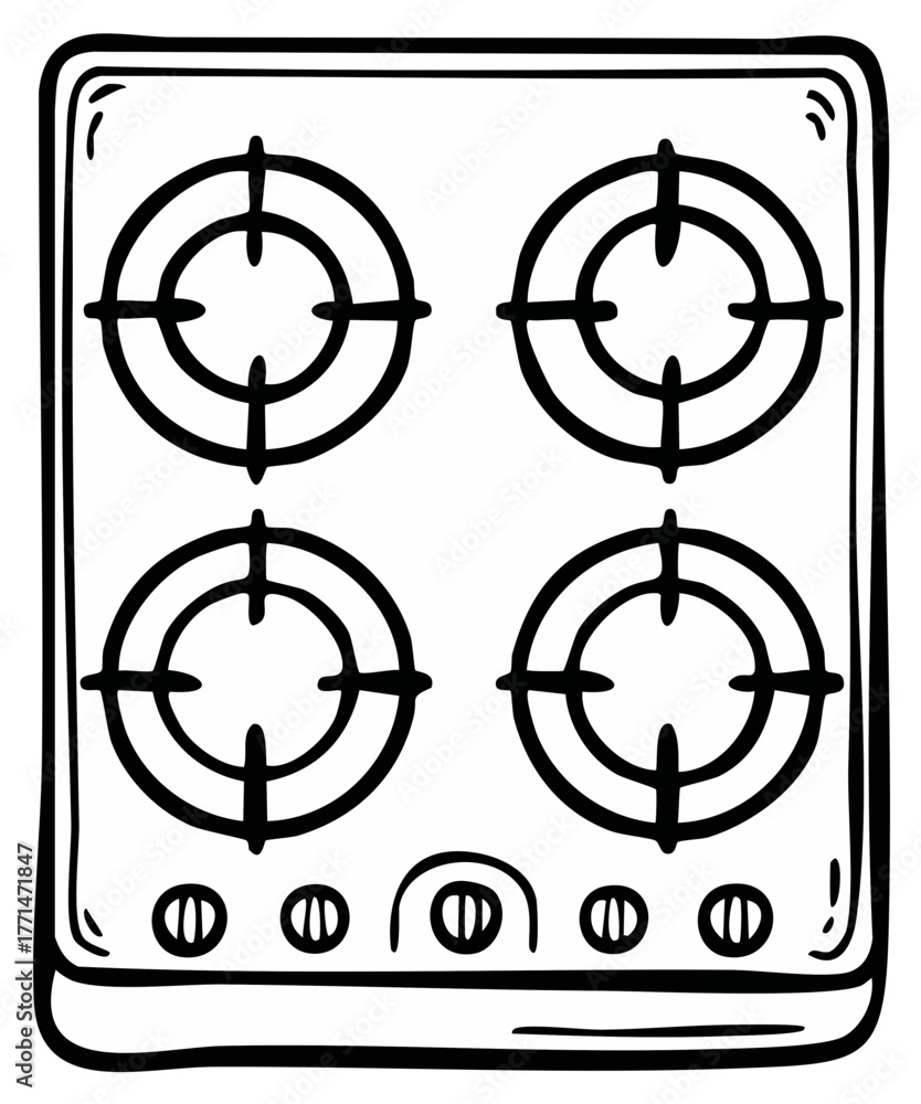 Fototapeta premium Cartoon stove top with four burners and knobs, hand drawn black outline