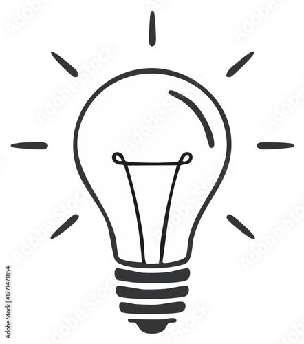 Sketch illustration of lightbulb emitting light rays denoting concept and ideas in black and white