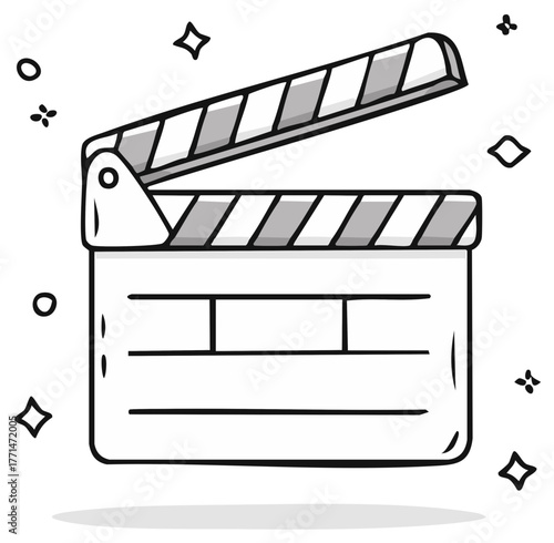Hand drawn movie clapperboard with sparkling stars and circles celebrating cinema production