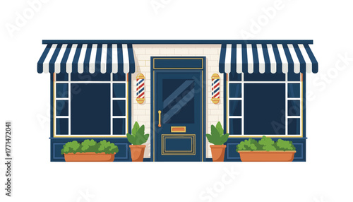 Stylish barber shop front with striped awning and plants makes a cool vector for branding, design, or adding character to your project