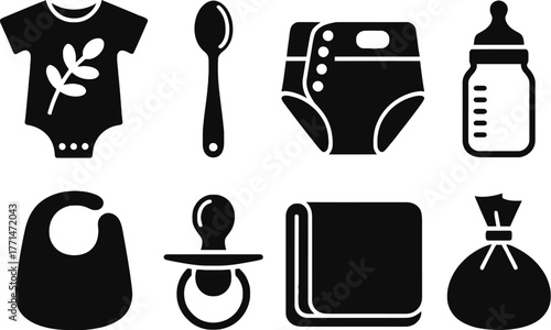 Baby essentials vector newborn items set black and white illustration editable vector