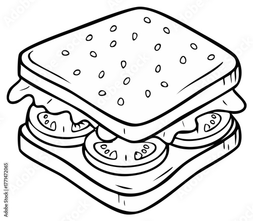 Black and white illustration of a classic sandwich with tomato and lettuce layers