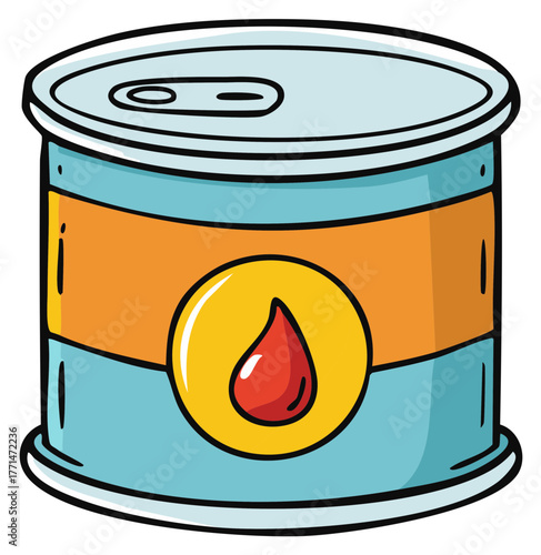 Cartoon Tin Can Container with Red Drop Liquid Symbol, Food Preservation and Storage Solutions