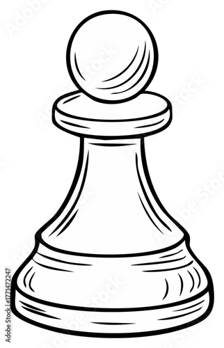 Isolated black and white line art illustration of a classic chess pawn figure
