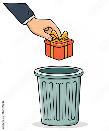 Hand Discards Small Gift Box into Trash Can Icon Reject Present Business Strategy